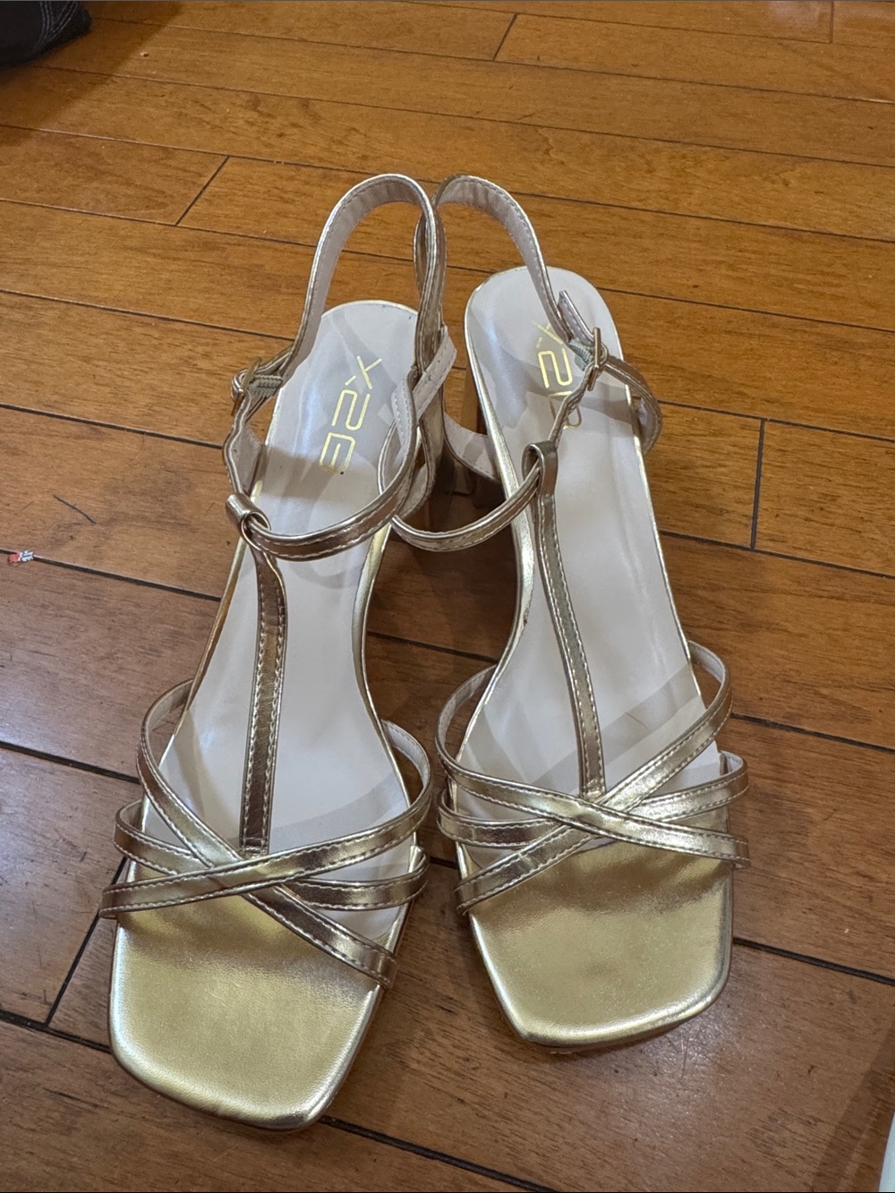 XOXO Metallic Gold Strappy Slingback Heels